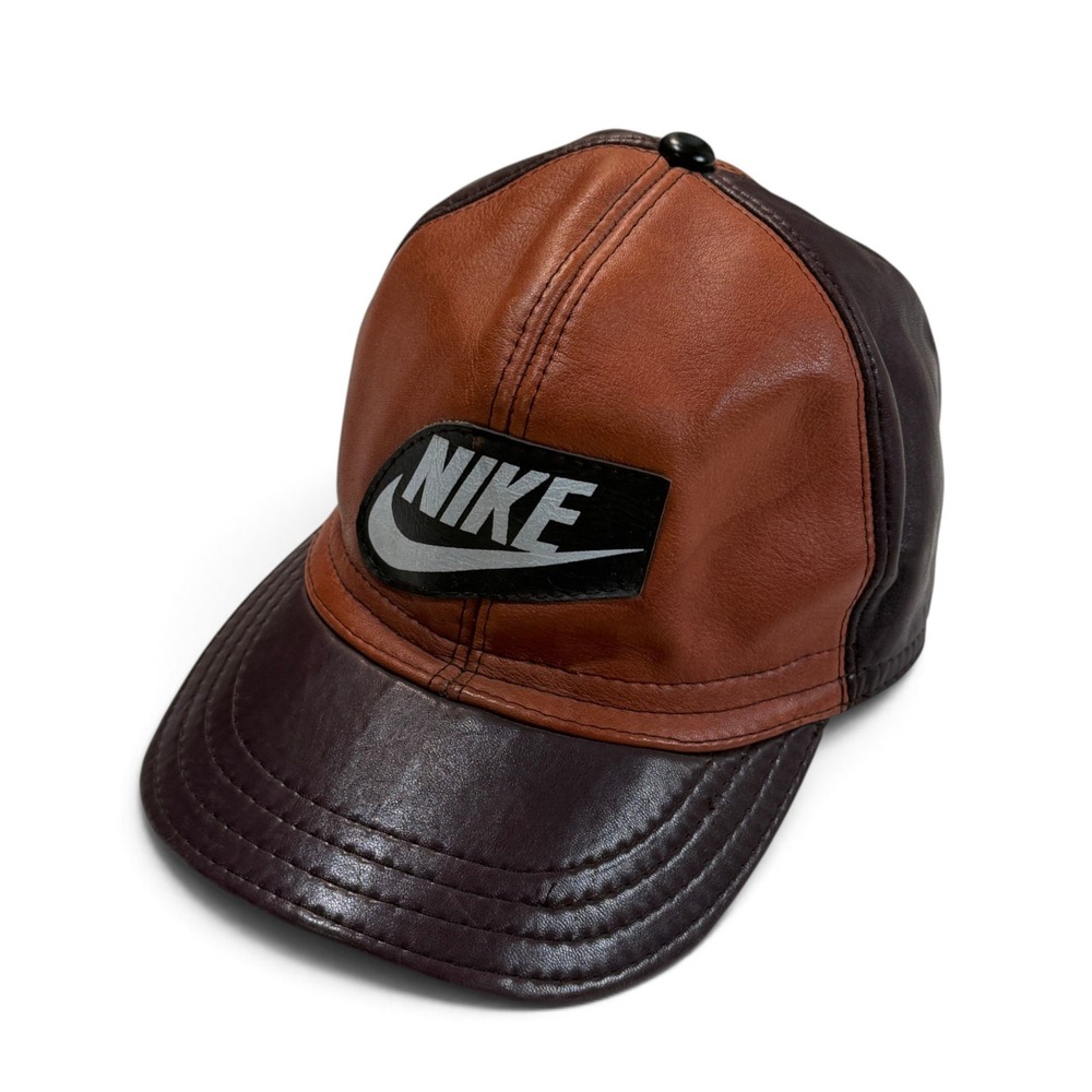 Nike Genuine Leather Baseball Cap Two Tone Brown Burgundy Adjustable Hat Vintage